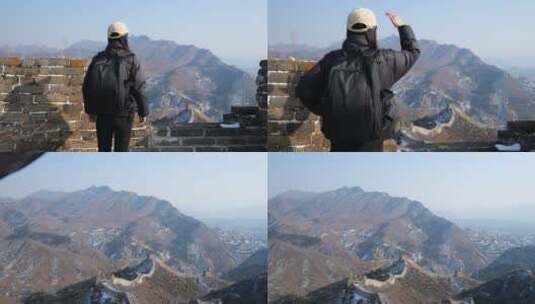 中国女性登长城顶眺望远方高清在线视频素材下载