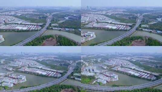 广州海珠国家湿地公园与城市公路车流航拍高清在线视频素材下载