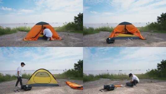 男子在户外收纳帐篷延时摄影高清在线视频素材下载