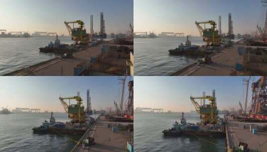 航拍方驳船装货出海高清在线视频素材下载