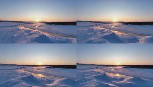 航拍冬季雪原冰河迷雾夕照高清在线视频素材下载