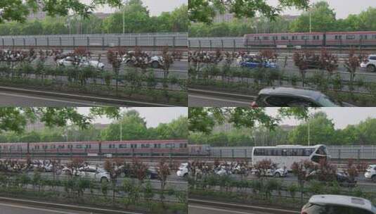 北京6号线地铁列车在地面行驶旁边是高速路2高清在线视频素材下载