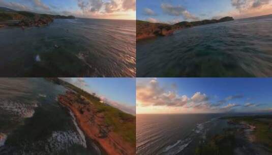 FPV穿越机无人机航拍大海海浪海岛日出蓝天高清在线视频素材下载