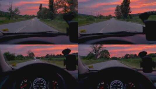 黄昏时分行驶在路上的车高清在线视频素材下载