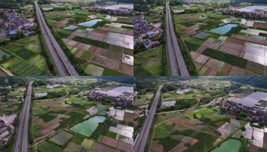 高速公路穿过村庄稻田航拍高清在线视频素材下载