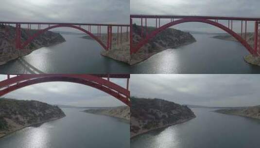 航拍红色钢桥的风景高清在线视频素材下载