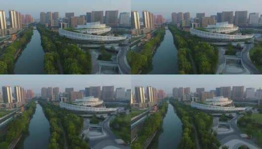 杭州拱墅区西塘河运河歌剧院航拍高清在线视频素材下载
