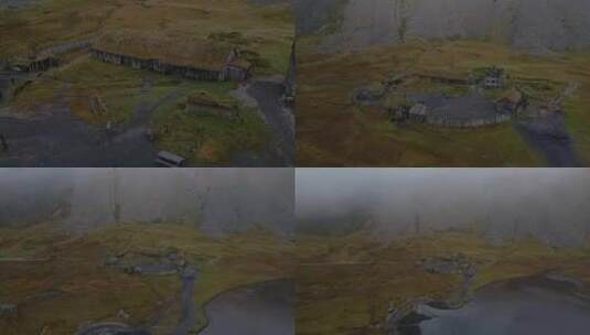空中撤退从维京村电影设置与雾蒙蒙的维斯特拉霍恩山背景，冰岛。高清在线视频素材下载