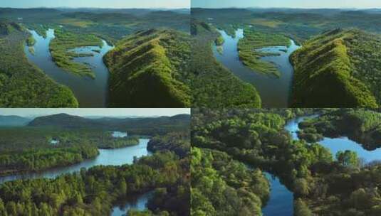 航拍绿色河流森林高清在线视频素材下载