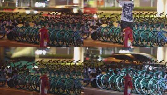 夜晚一排排的共享单车高清在线视频素材下载
