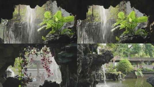 中式园林假山清晖园公园流水高清在线视频素材下载