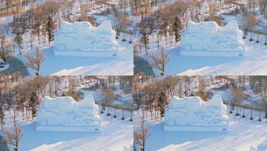 中国黑龙江哈尔滨太阳岛雪博会雪雕航拍高清在线视频素材下载