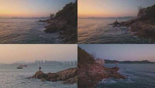 一个孤独的男人在海边拍照高清在线视频素材下载