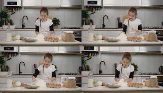 可爱的小女孩独自站在舒适的厨房里做饭孩子高清在线视频素材下载