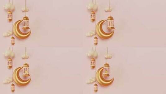 新月、灯笼和云的伊斯兰装饰背景。3D动画高清在线视频素材下载