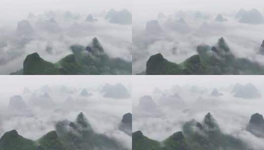 航拍广西桂林烟雨漓江水墨画高清在线视频素材下载