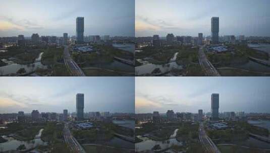 上海嘉定区嘉定新城建筑傍晚城市风光车流高清在线视频素材下载
