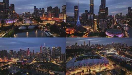 城市航拍澳大利亚墨尔本地标摩天大楼夜景灯高清在线视频素材下载