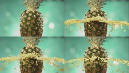新鲜菠萝果在绿松石蓝色背景下缓慢喷出并爆高清在线视频素材下载