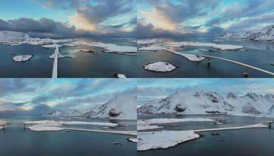 挪威罗弗敦群岛北极圈雷纳冬季雪景高空航拍高清在线视频素材下载