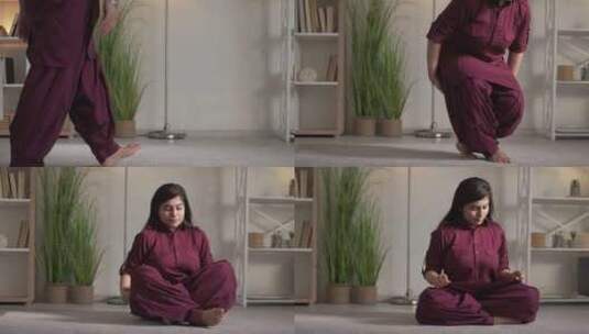 冥想练习瑜伽室内女人莲花之家高清在线视频素材下载