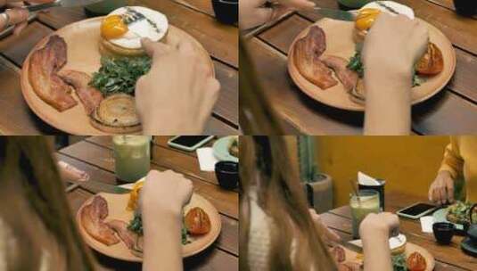 拿着餐具在餐馆吃饭的女孩的手高清在线视频素材下载