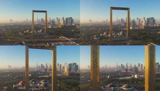 日出时的迪拜地标鸟瞰图高清在线视频素材下载