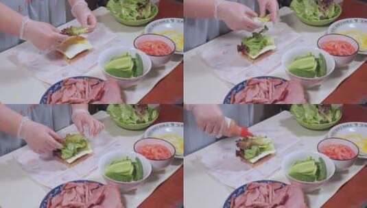 面包片加蔬菜制作健康三明治轻食高清在线视频素材下载