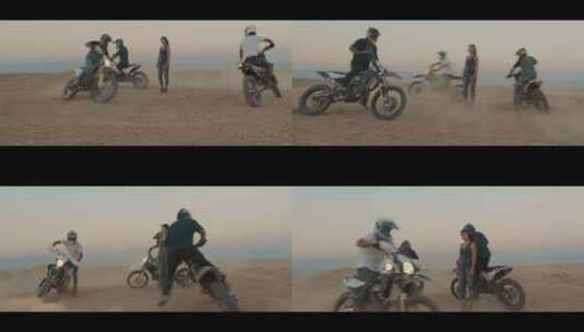 三个男人在沙漠里骑自行车围着女人转高清在线视频素材下载