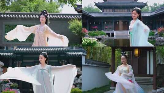 古装女子庭院中舞动衣袖高清在线视频素材下载