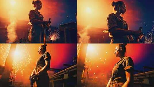 女工人车间焊接作业高清在线视频素材下载