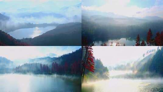 山间湖泊秋景云雾环绕高清在线视频素材下载
