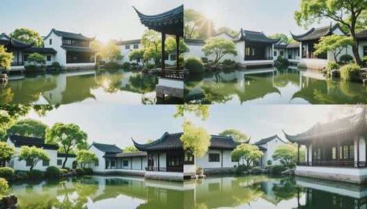 中式园林建筑池塘景观高清在线视频素材下载