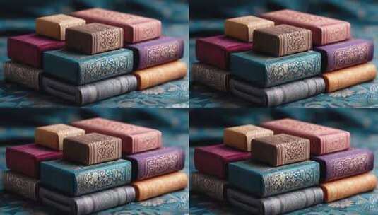 精美礼品盒堆叠展示古典纹饰与色彩搭配高清在线视频素材下载