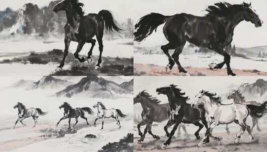 水墨骏马奔腾中国风写意马水墨马奔跑高清在线视频素材下载