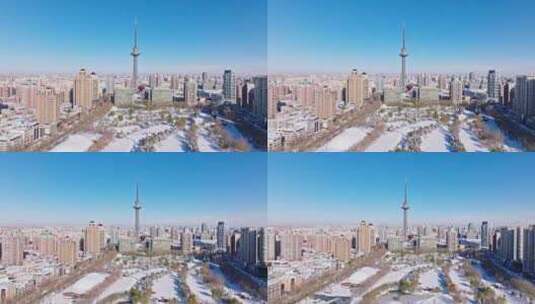 中国黑龙江哈尔滨龙塔城市雪景航拍高清在线视频素材下载