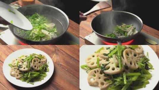 炒菜芹菜炒藕片烹饪过程高清在线视频素材下载