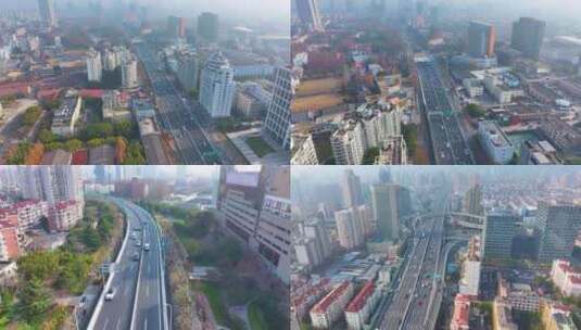 上海杨浦区邯郸路航拍车流马路道路大柏树立高清在线视频素材下载