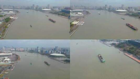 上海黄浦江上面的游船船只船舶视频素材航拍高清在线视频素材下载