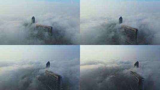 无人机航拍杭州钱江新城平流雾高清在线视频素材下载