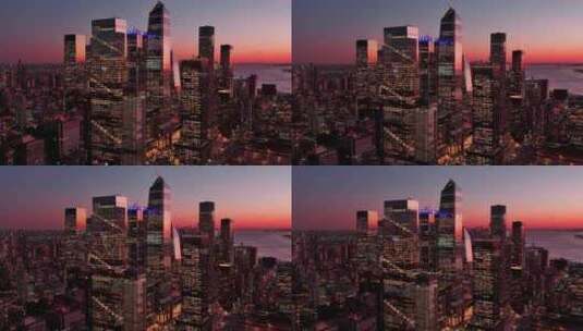 航拍曼哈顿哈德逊广场摩天大楼日落夜景灯光高清在线视频素材下载