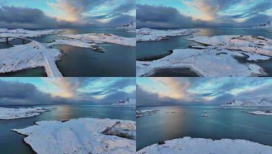 挪威罗弗敦群岛北极圈雷纳冬季雪景高空航拍高清在线视频素材下载