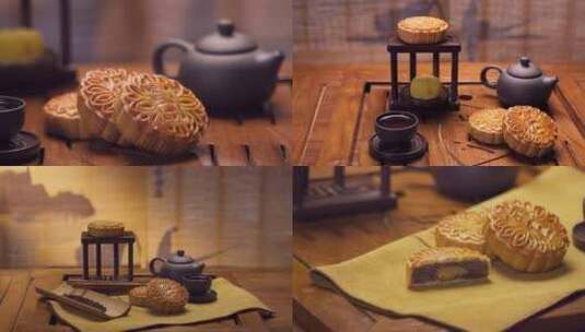 中秋月饼 茶道 月饼 烘焙糕点 甜点广式月饼高清在线视频素材下载