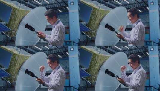 亚洲男性工人使用智能手机并通过航天器建造高清在线视频素材下载