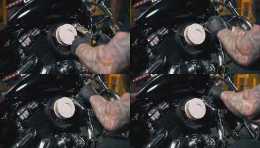 摩托车修理厂特写镜头松动螺栓更换过滤器C高清在线视频素材下载