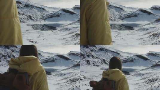 徒步旅行者独自走在雪山里高清在线视频素材下载