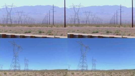 在沙漠灌木丛里的高速路和电线杆高清在线视频素材下载