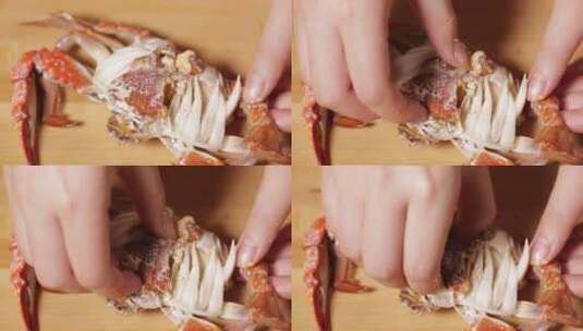 拆水蟹掰开梭子蟹壳高清在线视频素材下载