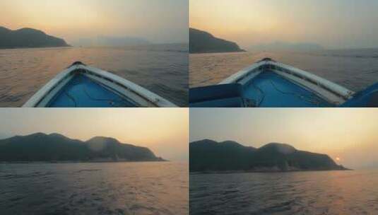 快艇在海面上迎着夕阳飞驰高清在线视频素材下载