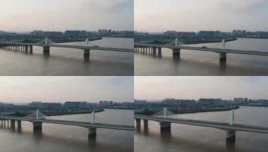 航拍永州的九疑大桥拉索桥梁黄昏美景4K高清在线视频素材下载